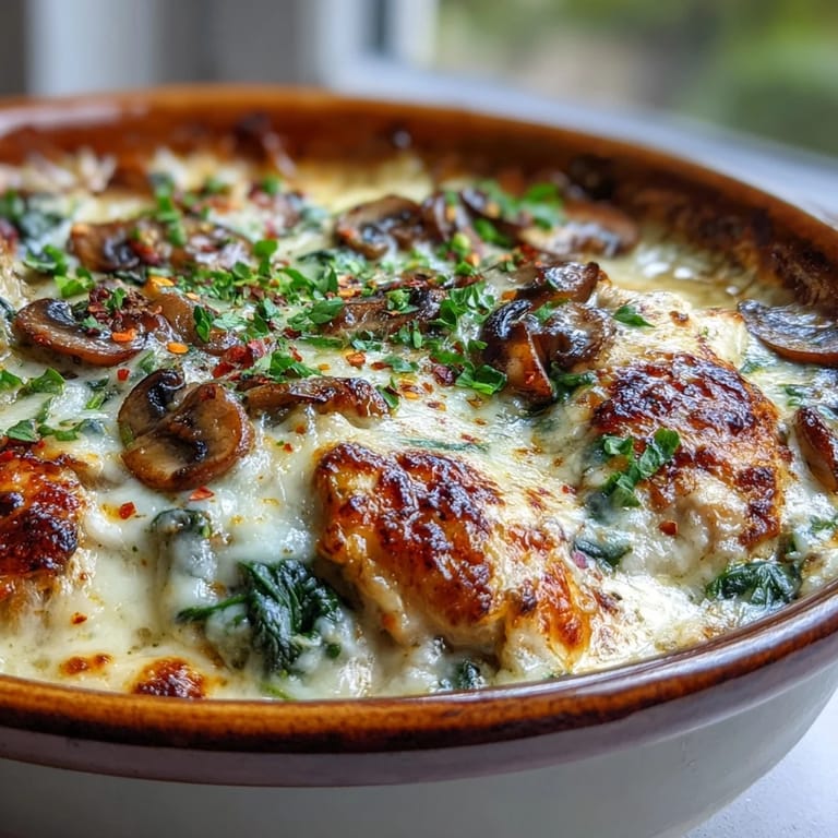 Serve Chicken Spinach & Mushroom Low Carb Oven Dish straight from the oven for a cozy low-carb dinner.