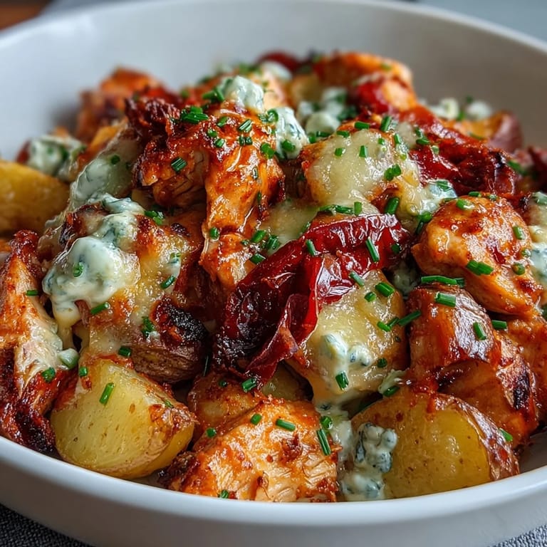 Buffalo Ranch Chicken Potato Bake served hot with melted cheddar, chives, and a ranch drizzle on a rustic platter.