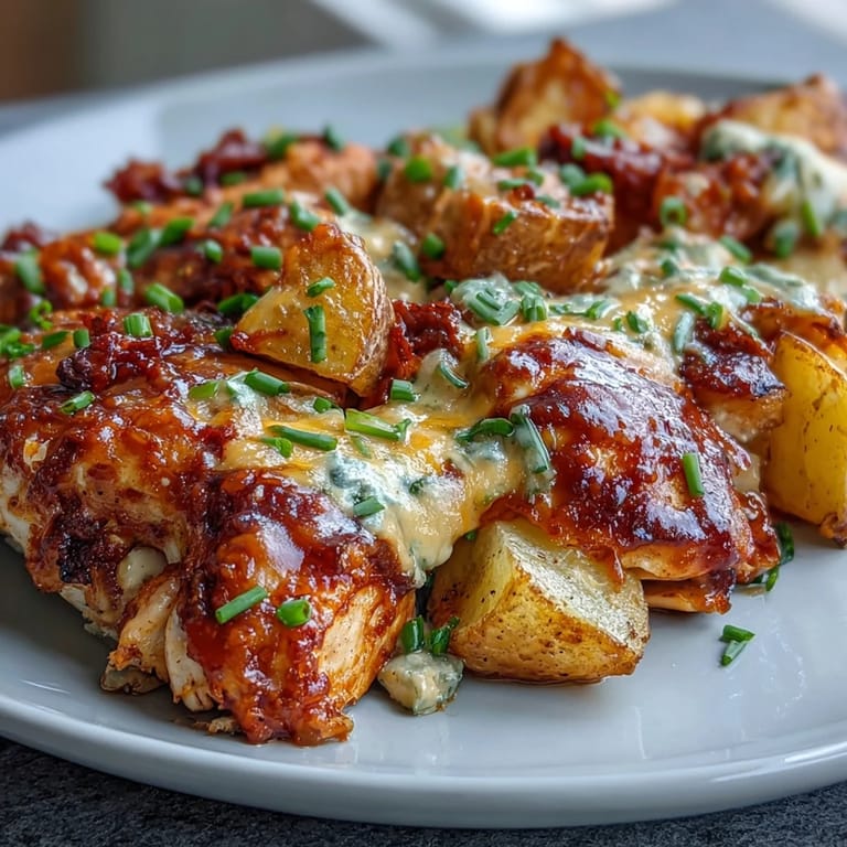 Close-up of bubbling Buffalo Ranch Chicken Potato Bake, showcasing red bell peppers and onions roasted alongside tender potatoes.