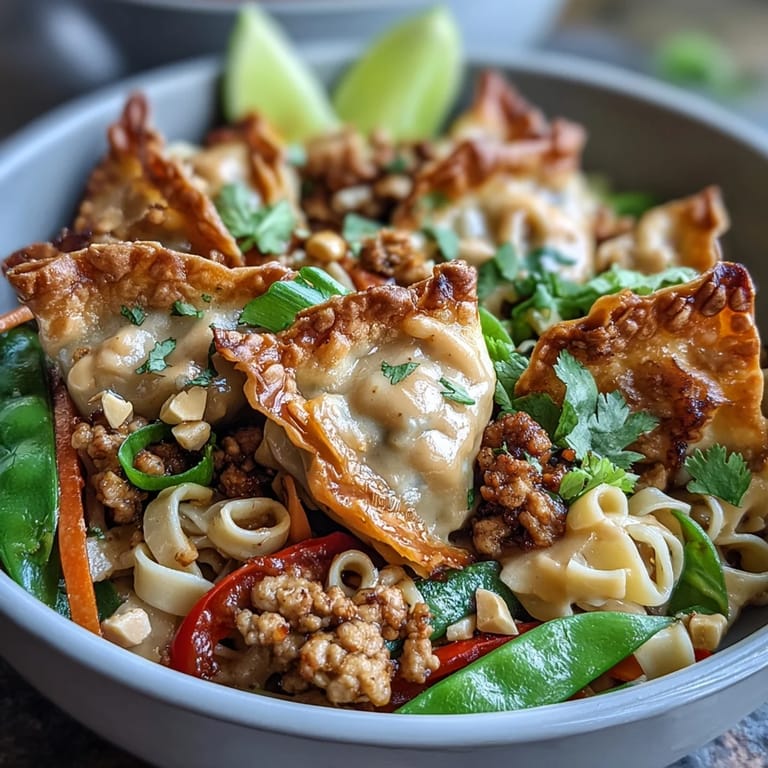 Garnished Creamy Thai-Inspired Peanut Noodle Bowls with lime wedges, fresh cilantro, and green onions on top.