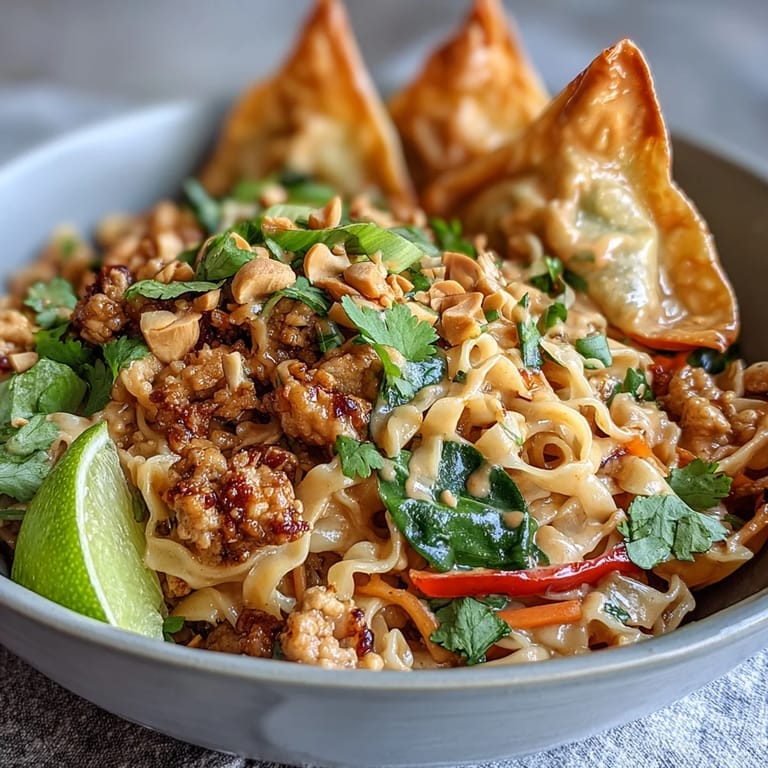 A close-up of Creamy Thai-Inspired Peanut Noodle Bowls highlighting crispy edges and chopped peanut garnish.