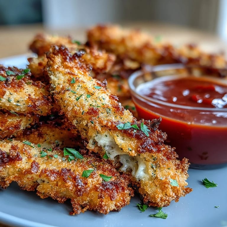 Fresh parsley garnish tops these crunchy oven-baked chicken strips cut fry-style for easy snacking.