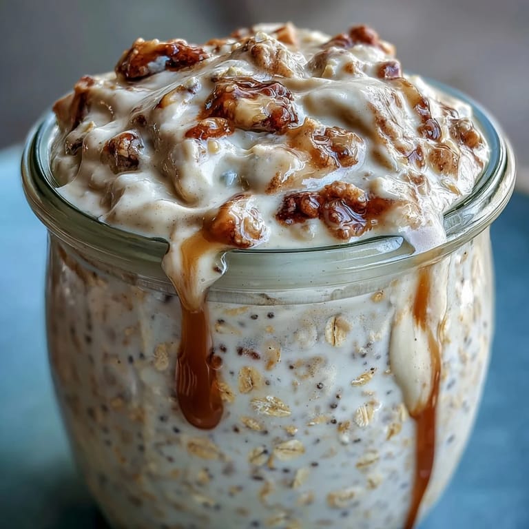Spoon dipping into creamy High-Protein Cinnamon Roll Overnight Oats with a sweet cream cheese-style drizzle and cinnamon spice.
