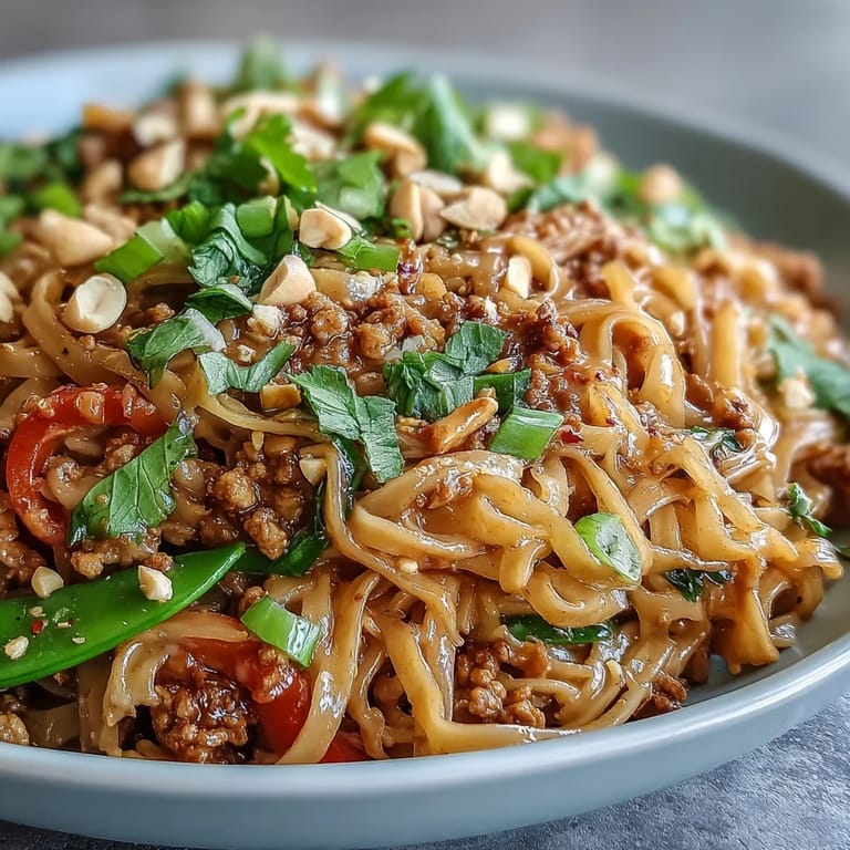 Stir-fried Creamy Thai-Inspired Peanut Noodle Bowls with ground chicken, crisp bell peppers, and snap peas tossed in a rich peanut sauce.