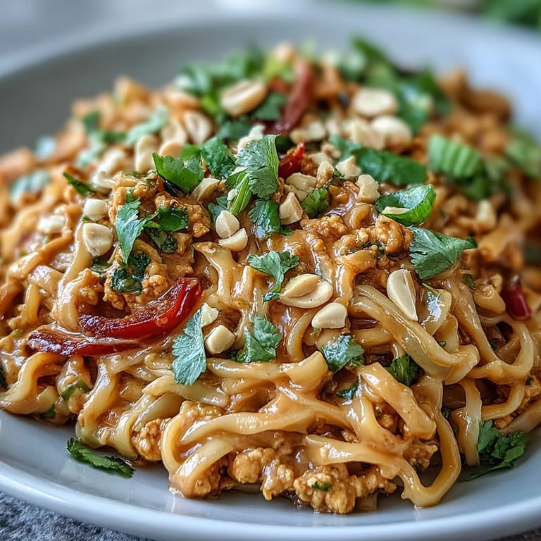 Close-up of Creamy Thai-Inspired Peanut Noodle Bowls with glossy noodles, fresh cilantro, and chopped peanuts, served with extra lime wedges.