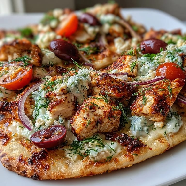 A close-up of Lemon Feta Chicken Naan Pizza with creamy feta and Kalamata olives.