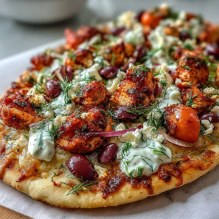 Freshly baked Lemon Feta Chicken Naan Pizza with tzatziki drizzle, red onion, and tomatoes.
