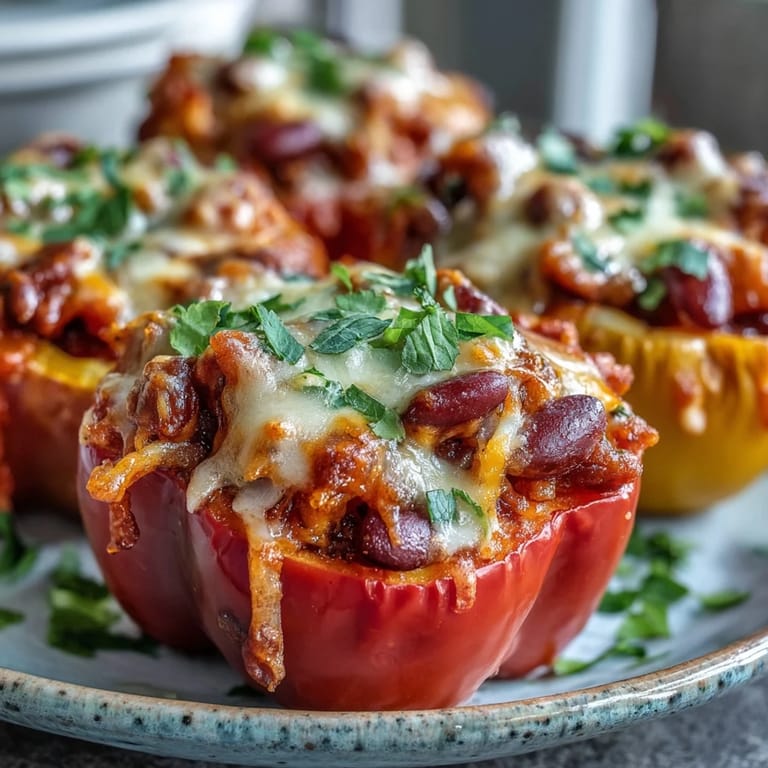 Golden brown melted cheddar blankets the baked chili mac stuffed peppers in a greased baking dish.
