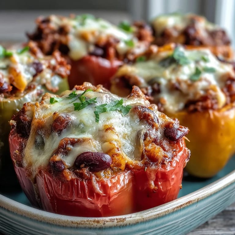 Spoonful of savory chili mac stuffed peppers served on a plate with fresh cilantro garnish.