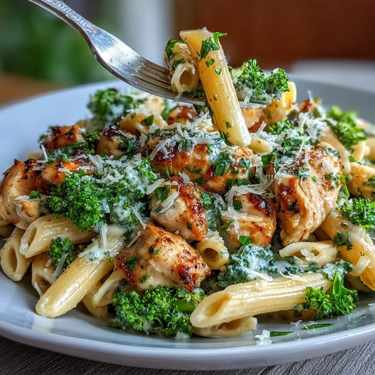A fork twirls al dente penne coated in savory garlic Parmesan sauce with crisp-tender broccoli and juicy chicken, ideal for a quick weeknight dinner.