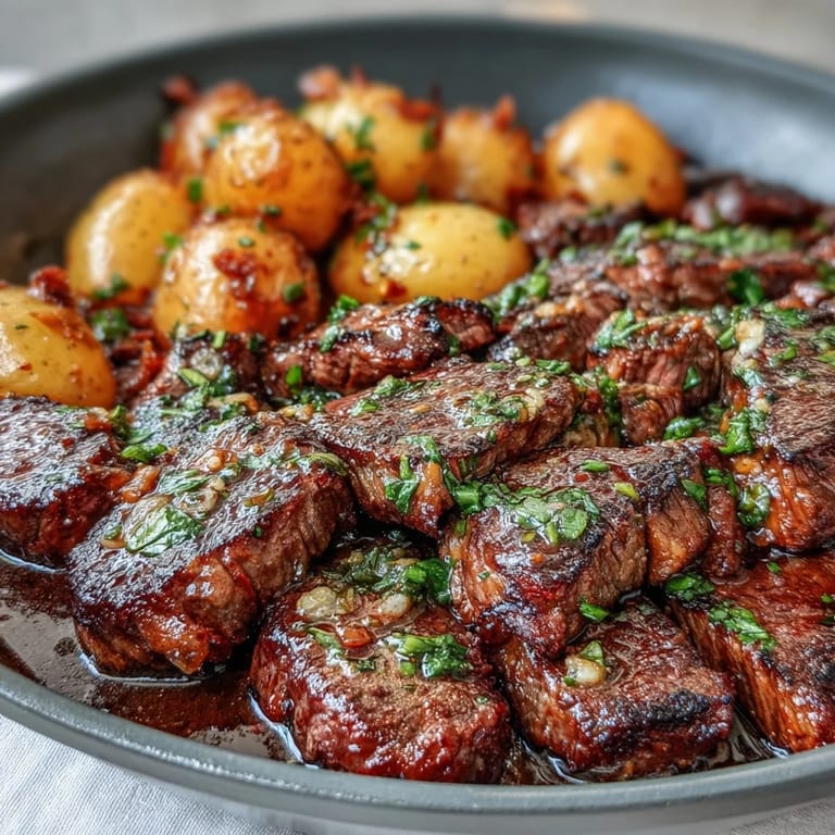 Perfectly cooked steak and potatoes in a sizzling garlic butter skillet ready to serve.