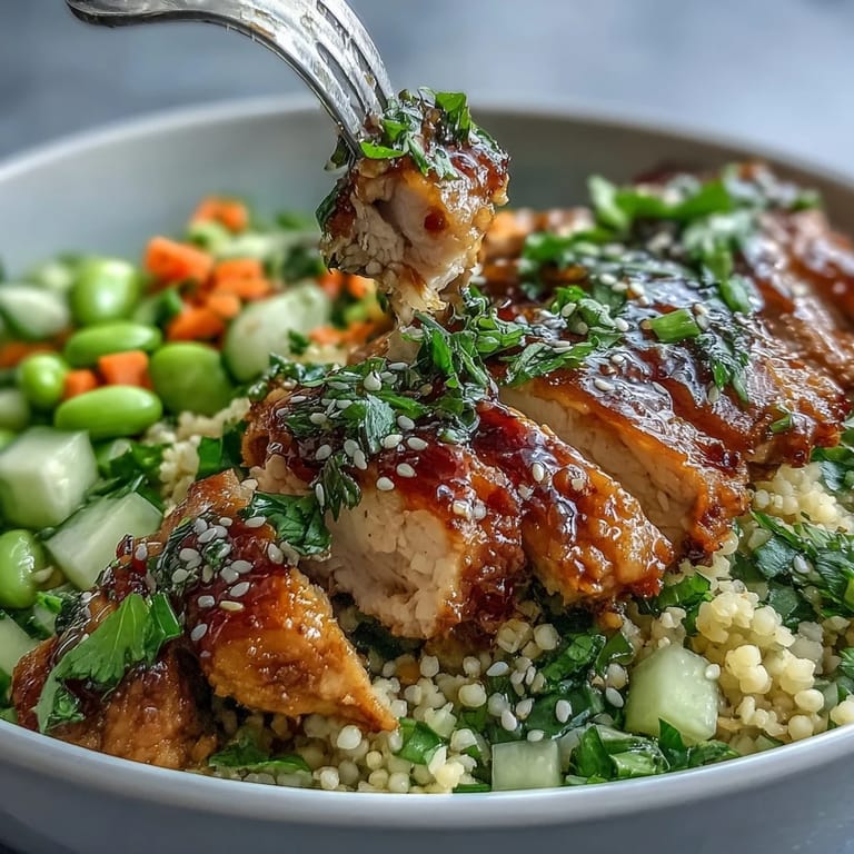 A plated Sesame Ginger Chicken Couscous Bowl features fluffy couscous, colorful shredded carrots, edamame, cucumbers, and green onions topped with savory sliced chicken.