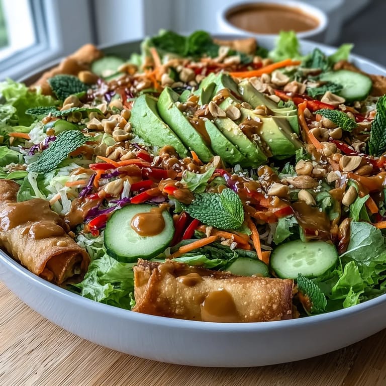 Colorful Vegan Spring Roll Salad tossed with crisp veggies, rice noodles, and fresh mint, drizzled with creamy peanut dressing for a light lunch.