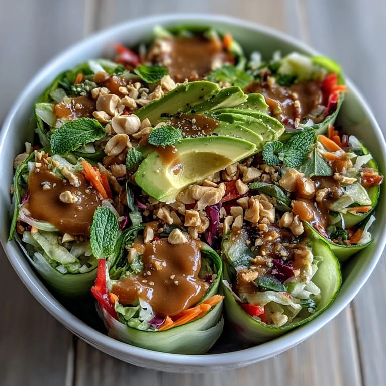Freshly prepared Vegan Spring Roll Salad arranged with bean sprouts, bell peppers, and avocado slices, served with peanut dressing in a small bowl.