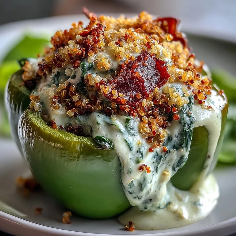 Freshly baked Vegan Spinach and Artichoke Stuffed Peppers revealing a creamy quinoa and cashew filling inside colorful bell peppers.