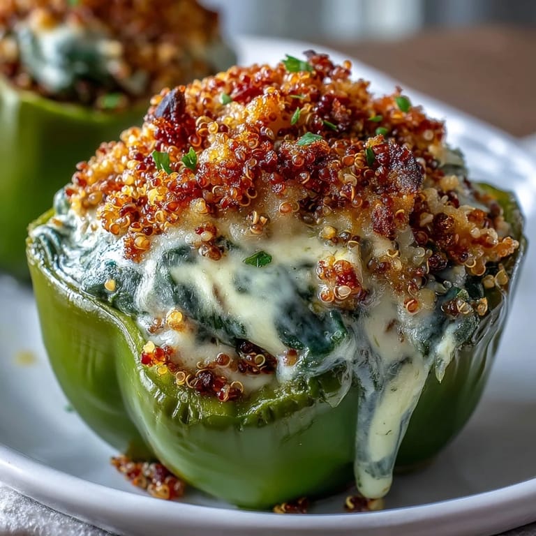 Rustic kitchen counter scene featuring hot Vegan Spinach and Artichoke Stuffed Peppers next to a glass of white wine.