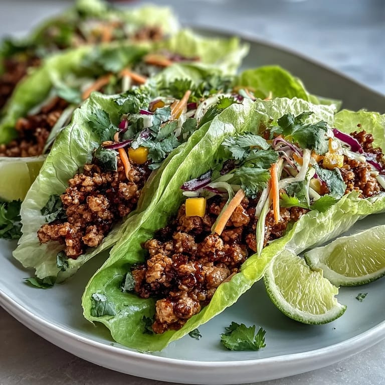 A close-up of assembled Skinny Spicy Turkey Lettuce Tacos with Mango Slaw, garnished with cilantro and lime wedges.