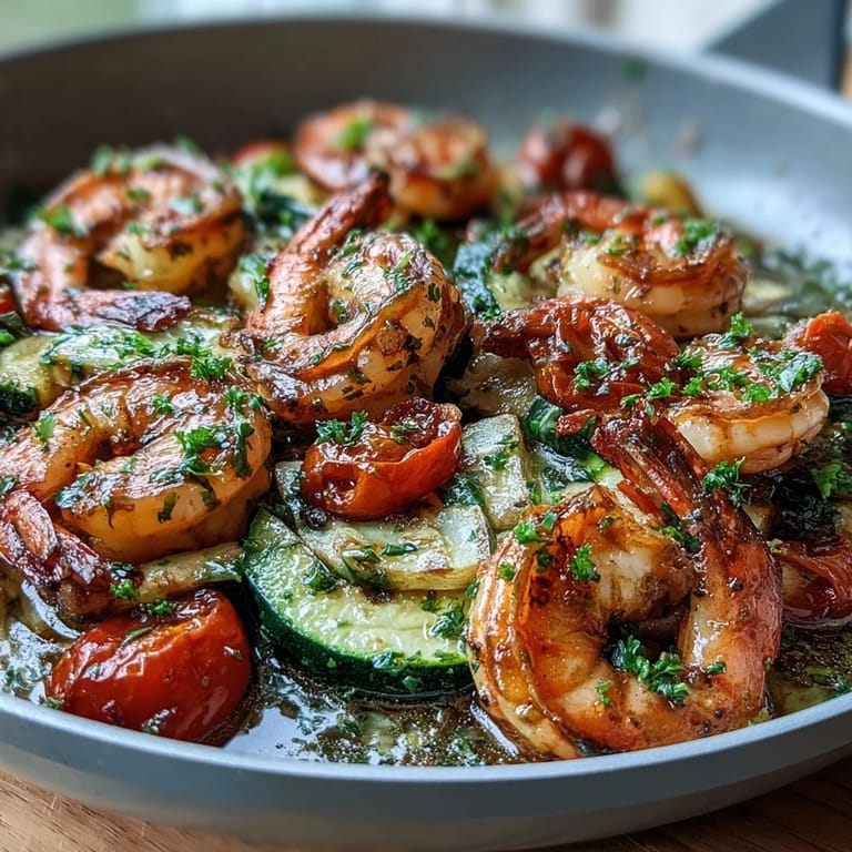 Close-up of tender One-Pan Lemon Butter Shrimp with Zucchini and Tomatoes featuring succulent shrimp and roasted cherry tomatoes. 