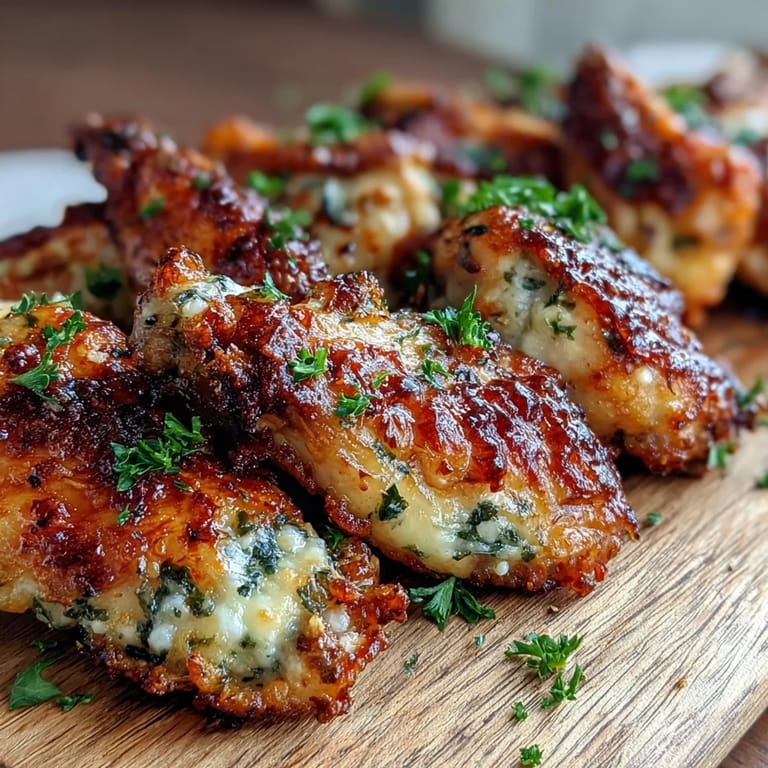 Crispy baked wings tossed in a rich garlic Parmesan sauce, served with celery sticks and keto ranch dip.