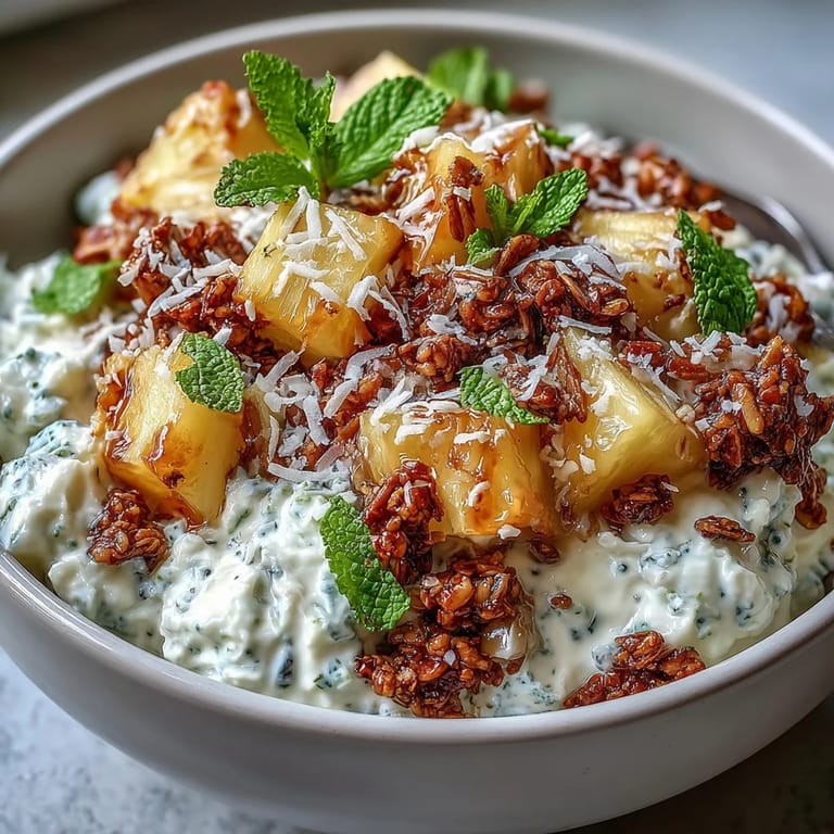 A vibrant, high-protein cottage cheese breakfast bowl with pineapple chunks, shredded coconut, and a honey drizzle for sweetness.