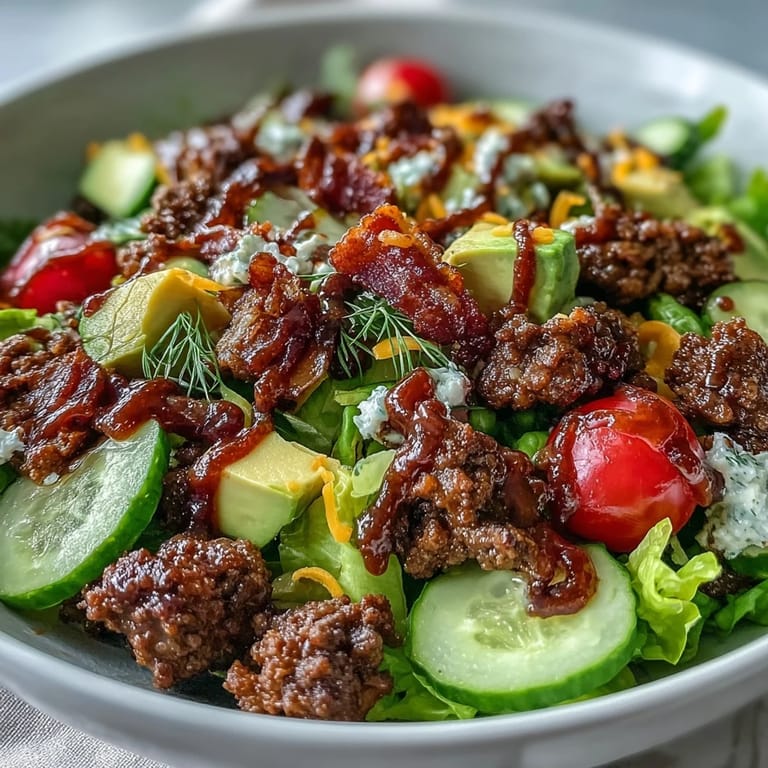 Sliced dill pickles, shredded cheddar, and red onion garnish a bed of crisp lettuce for a low-carb Keto Bacon Cheeseburger Salad served with creamy avocado chunks.