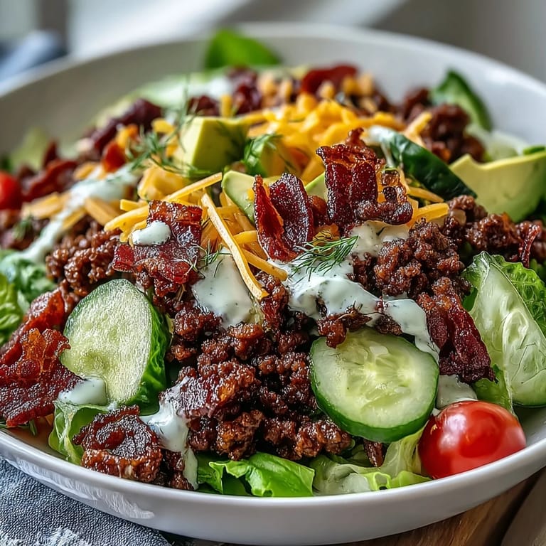 A generous drizzle of savory burger sauce coats hearty ground beef, bacon, and cheddar atop crisp romaine in this Keto Bacon Cheeseburger Salad with pickles and avocado.