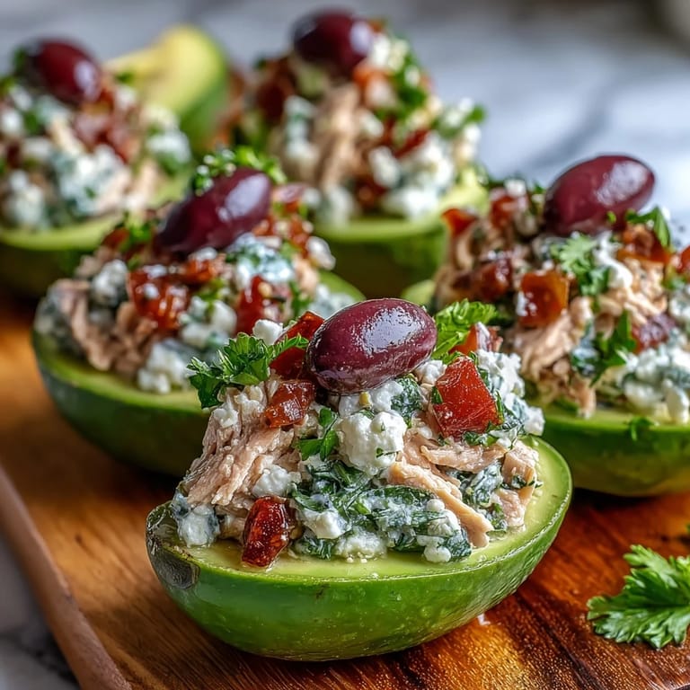 Sliced ripe avocados filled with zesty tuna salad featuring cherry tomatoes, cucumbers, and Kalamata olives on a rustic plate.