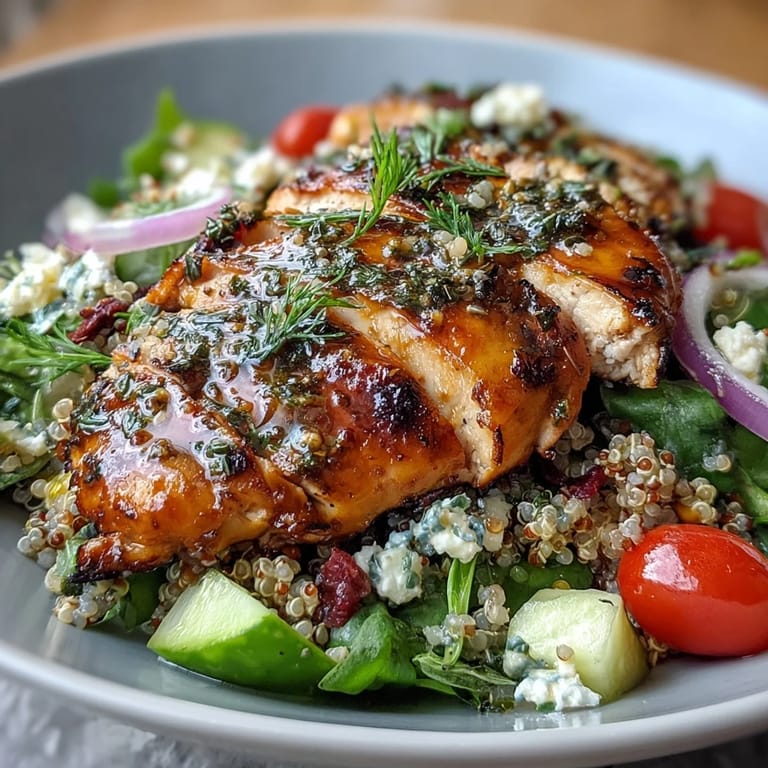 Tender, citrusy grilled chicken breast is layered over warm quinoa with crisp red bell pepper, red onion, and feta, next to lemon wedges.