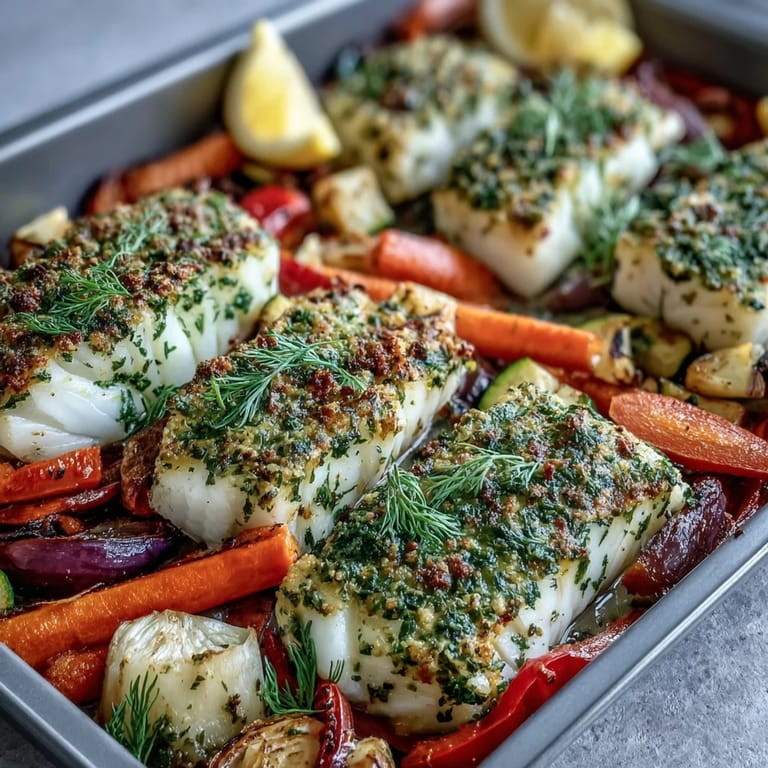 Close-up of Herb-Crusted Baked Cod with Roasted Vegetables showcasing flaky white fish and caramelized zucchini wedges.