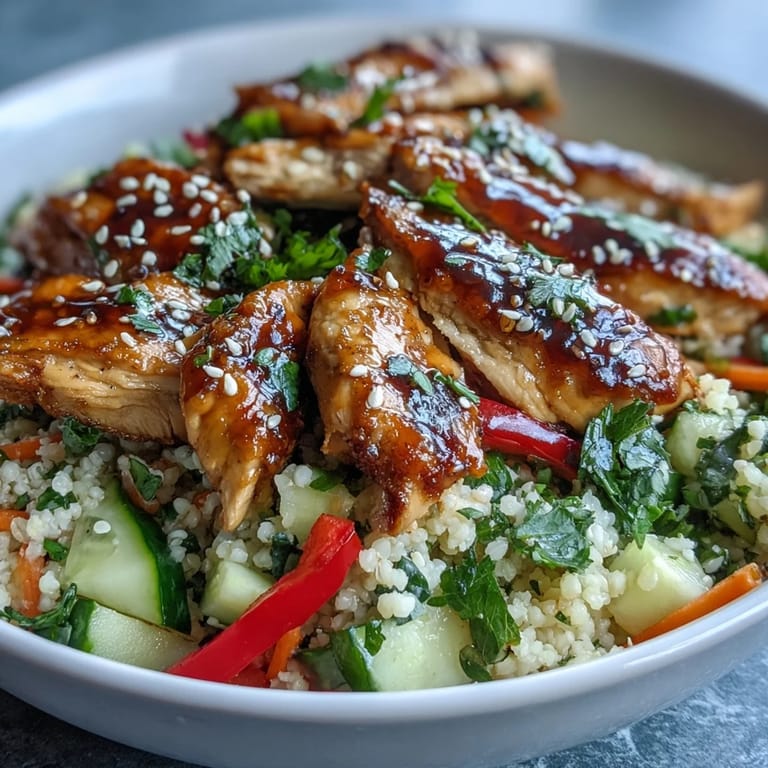 Golden seared chicken rests atop fluffy pearl couscous tossed in a tangy sesame-ginger dressing.