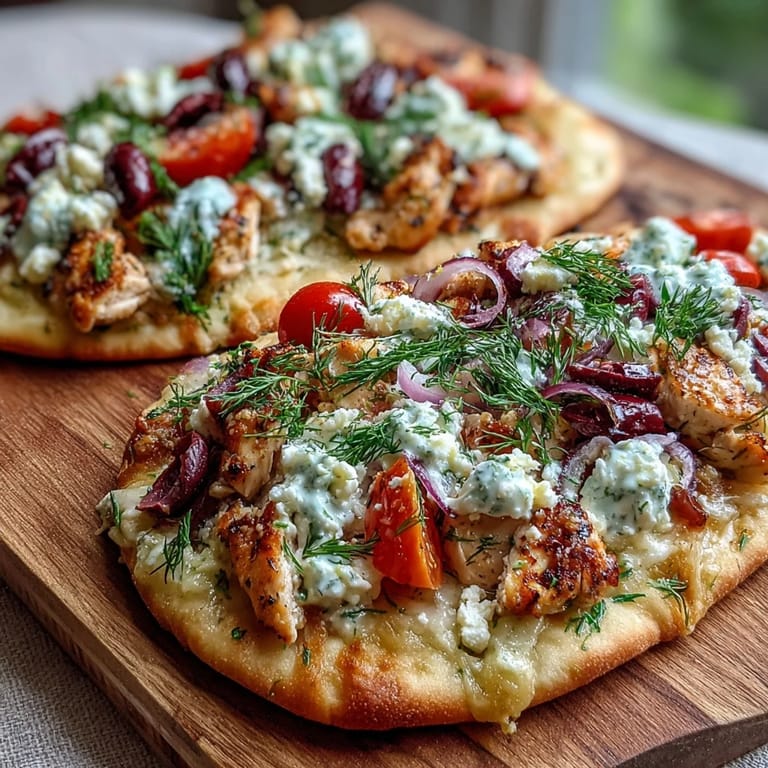 Freshly baked Lemon Feta Chicken Naan Pizza with juicy marinated chicken, red onion slices, and creamy tzatziki on a rustic wooden board.