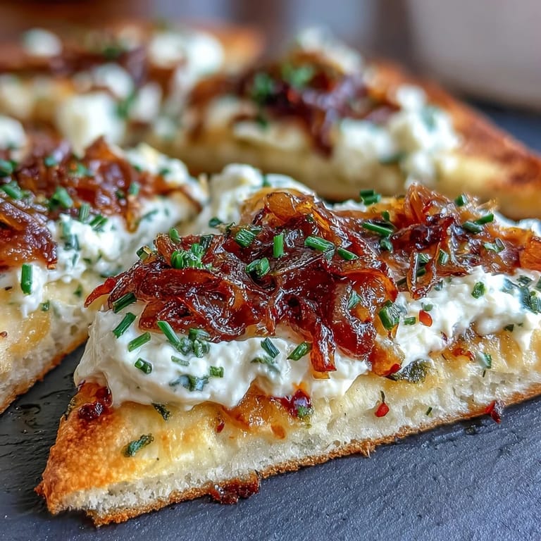 Fresh thyme garnishes this rustic flatbread, perfect for serving warm as a vegetarian appetizer or light dinner.