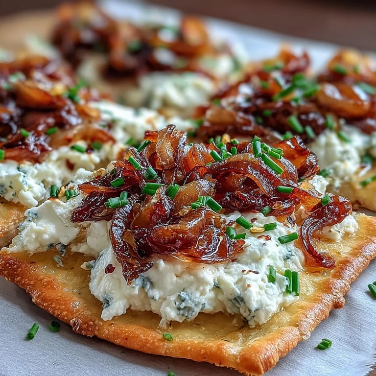 Crisp-edged Goat Cheese & Caramelized Onion Flatbread topped with creamy spread and glossy honey drizzle on a wooden board.