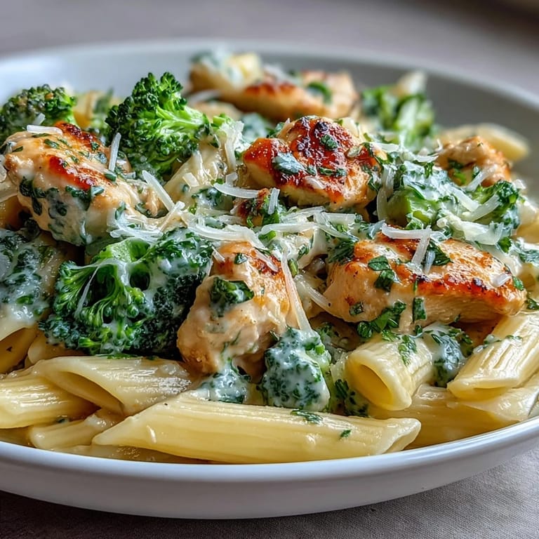 A skillet of penne pasta tossed in garlic Parmesan sauce, garnished with fresh parsley for serving.
