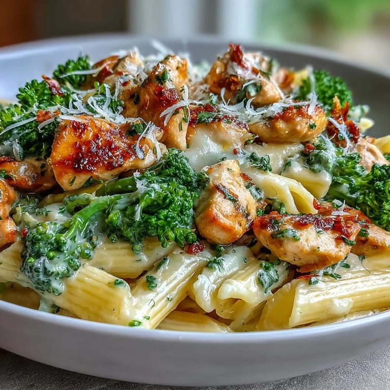 Homemade Garlic Parmesan Broccoli & Chicken Pasta topped with extra Parmesan, ready for a family dinner.
