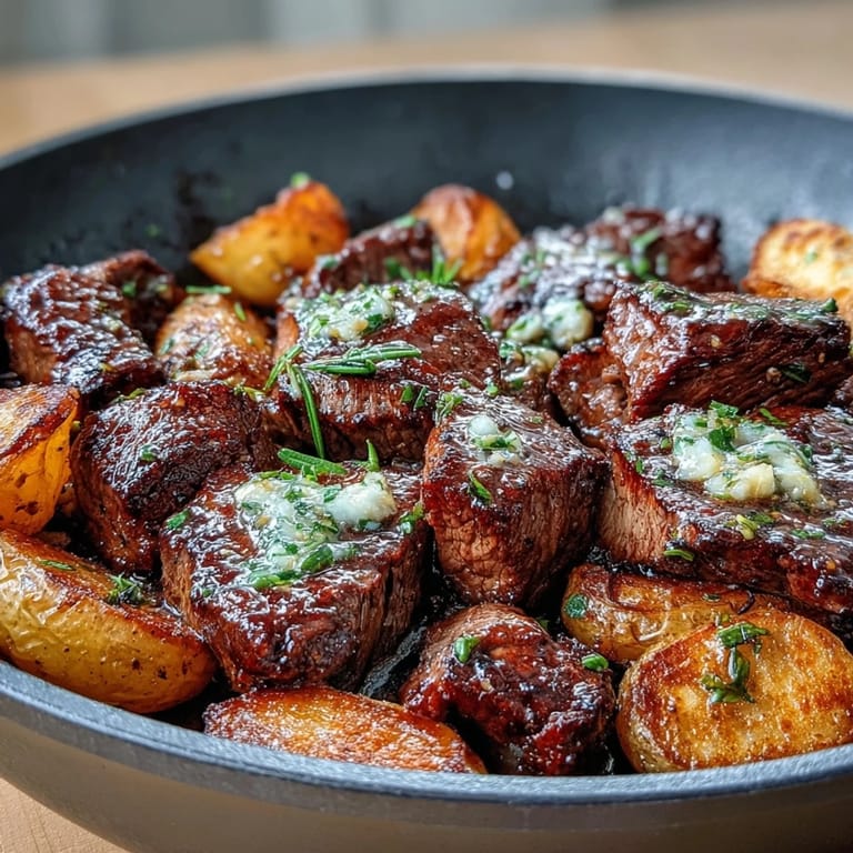Serve garlic butter steak and potato skillet family-style, garnished with chopped parsley alongside a glass of Cabernet Sauvignon.