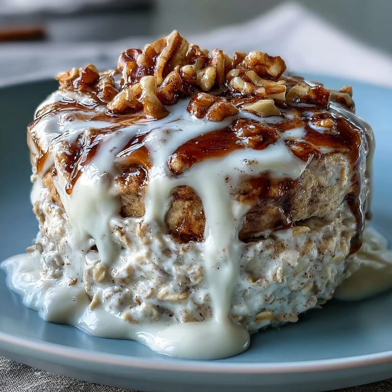 A protein-packed breakfast featuring cinnamon-spiced oats and a luscious cream cheese-style drizzle, perfect for busy mornings.