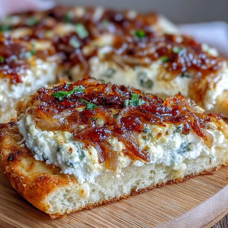 Tangy goat cheese spread on crisp flatbread, layered with rich caramelized onions and a touch of honey for a flavorful vegetarian dish.  