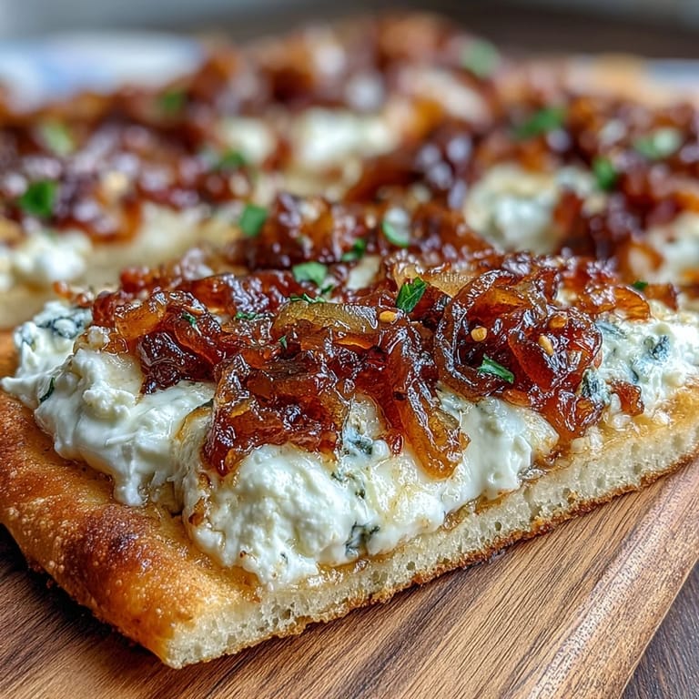 Savory goat cheese and sweet caramelized onions on a golden flatbread, finished with honey and chili flakes for a balanced, Mediterranean-inspired bite.
