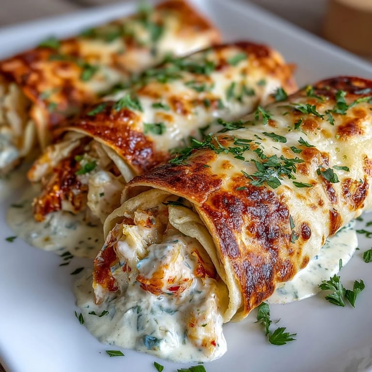 Decadent seafood tortilla bombs oozing with crab, shrimp, and three cheeses, topped with bubbling garlic cream sauce.