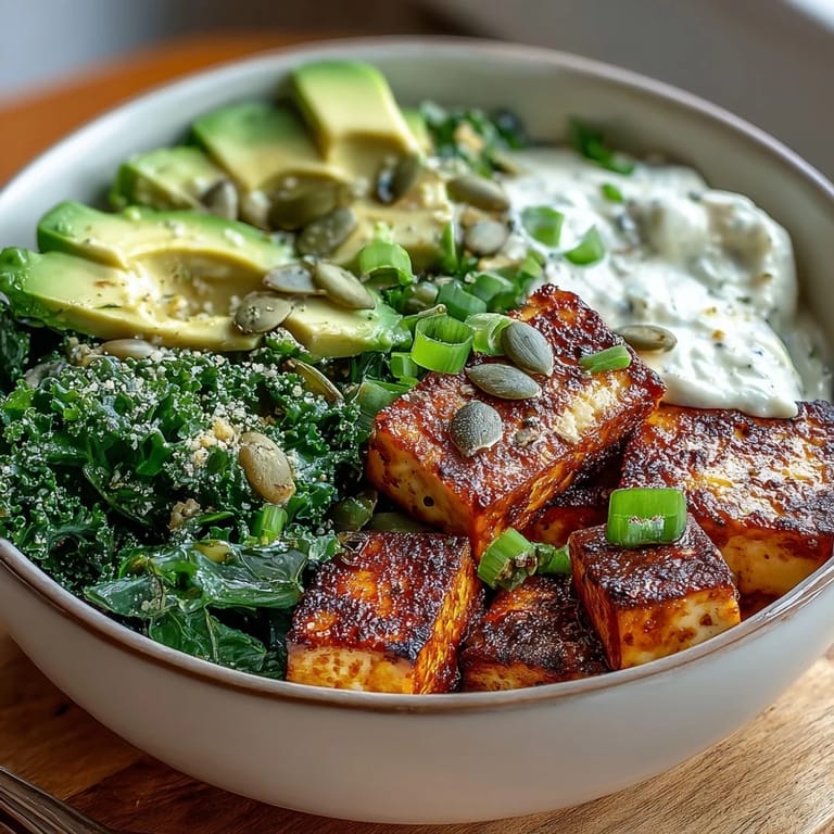 Colorful tofu breakfast bowl with sautéed kale, golden tofu, and avocado, topped with green onions and pumpkin seeds for extra crunch.