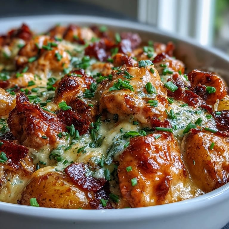 Flavor-packed buffalo ranch chicken and potato bake topped with cheddar cheese and fresh chives for a comforting meal.