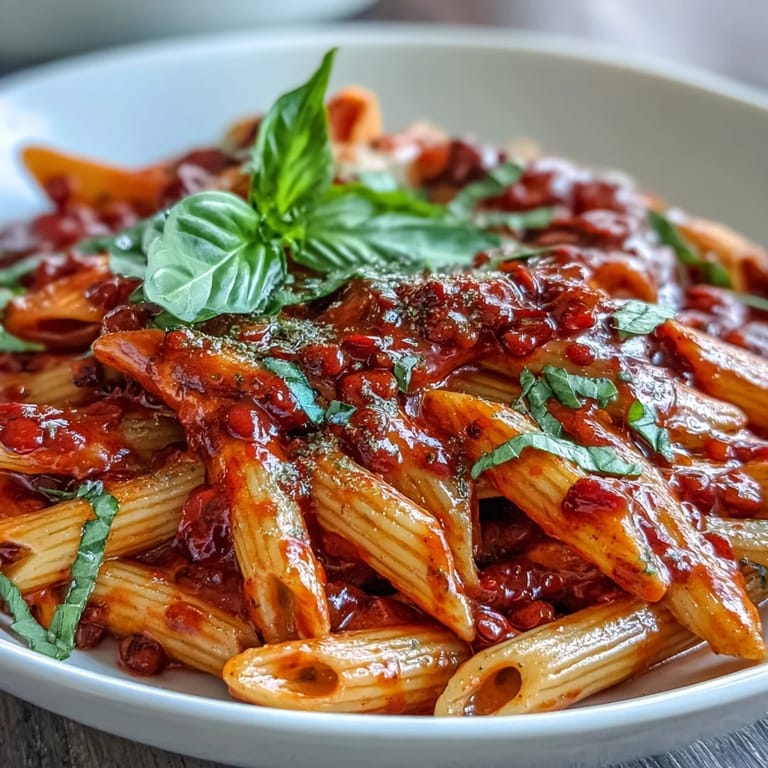 Silky lentil and roasted red pepper sauce coats al dente pasta for a vibrant, vegan Italian-inspired meal. Garnished with fresh basil and vegan parmesan.