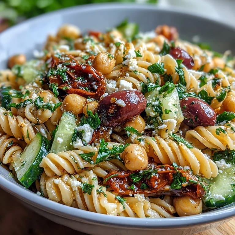 Close-up of Mediterranean Chickpea Pasta Salad featuring al dente pasta, crisp cucumber, juicy tomatoes, and briny olives, garnished with crumbled feta and parsley.
