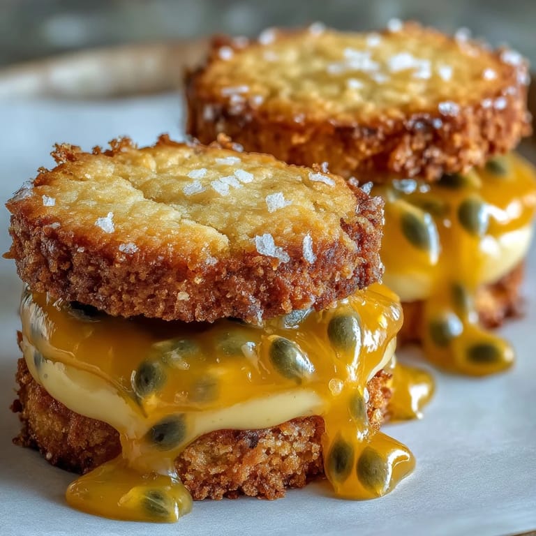 Delicate sandwich cookies filled with homemade passionfruit curd, offering a tangy-sweet bite in every elegant treat.