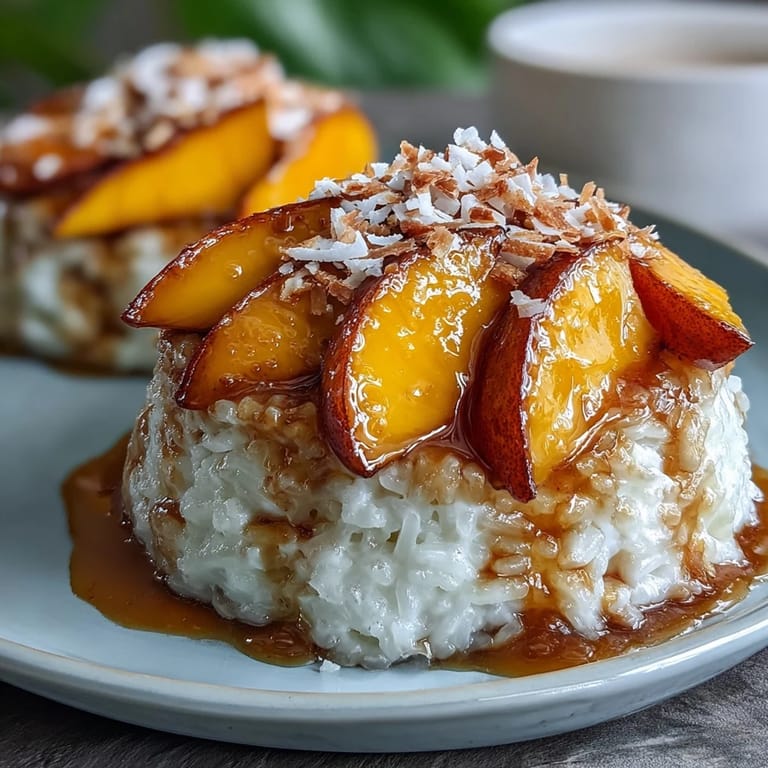 Sweet mango paired with creamy coconut milk-soaked sticky rice, garnished with toasted sesame seeds.  