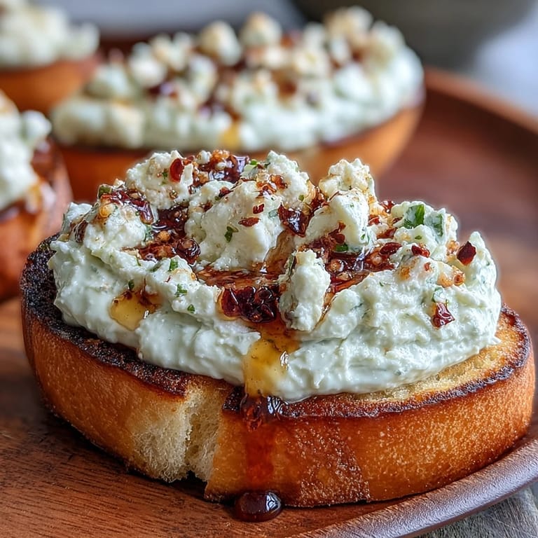 Crispy crostini layered with smooth whipped feta, drizzled with spicy-sweet hot honey, and garnished with crushed red pepper and fresh mint.