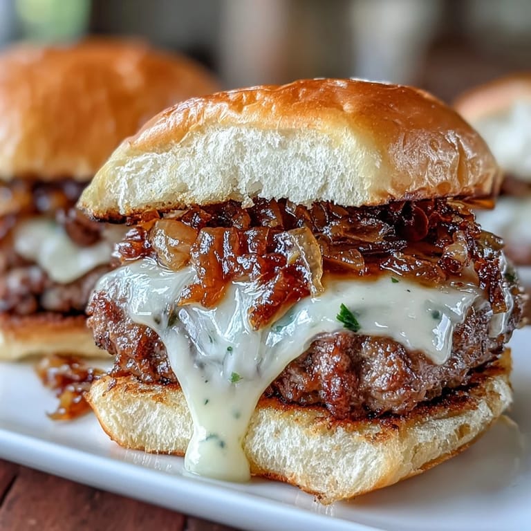 Juicy beef patties smashed thin and crispy, layered with sweet caramelized onions and melty cheese inside soft slider buns, perfect for parties.