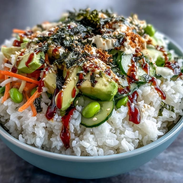 Colorful sushi bowl packed with nori strips, julienned veggies, and spicy mayo drizzle.  