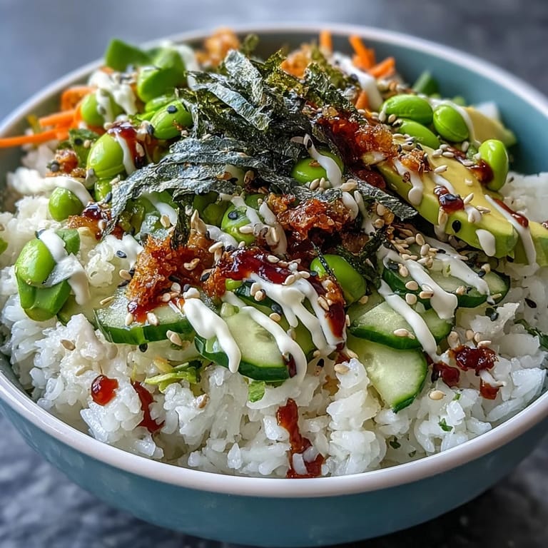 Deconstructed sushi bowl featuring seasoned rice, fresh vegetables, and savory nori for a quick meal.